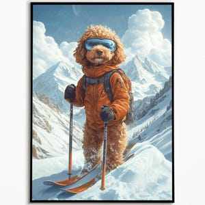 Goldendoodle skiing in the mountains, funny dog picture, wall decoration ideas, gift for dog owners, funny dog picture, dog wall art