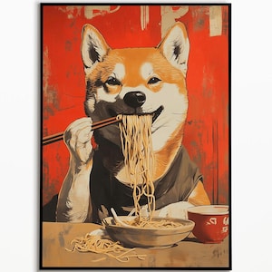 Shiba Inu eating noodles, Tokyo poster, Tokyo wall art, kitchen picture, dog gift ideas, funny dog picture, dog art picture
