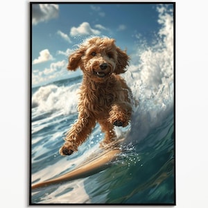 Goldendoodle surfing, dog art picture, digital download, Goldendoodle gift ideas, funny dog picture, bathroom decor ideas, wall art