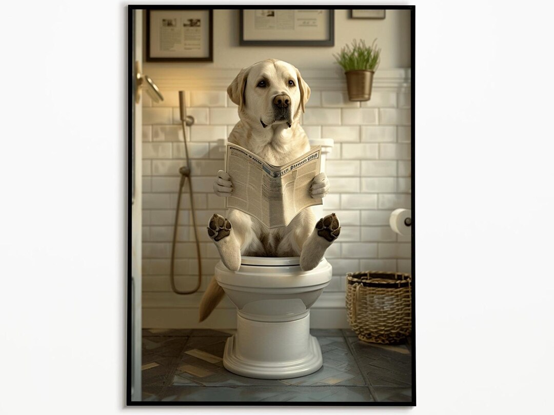 Labrador Sitting on the Toilet and Reading Newspaper, Digital Download ...