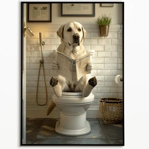 Labrador sitzt auf der Toilette und liest Zeitung, Digitaler Download, Badezimmer Deko, Labrador Geschenk, Funny Dog Picture, Wall Art Print