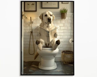 May include: A white Labrador Retriever dog sits on a white toilet in a bathroom, reading a newspaper. The dog is wearing a serious expression and has its paws resting on the toilet seat. The bathroom has white tile walls and a brown wicker basket.