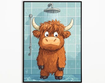 Hooglandkoe staat onder de douche, badkamerfoto's, badkamerdecoratie, Hooglandkoecadeau, grappige koefoto, ideeën voor badkamerinrichting