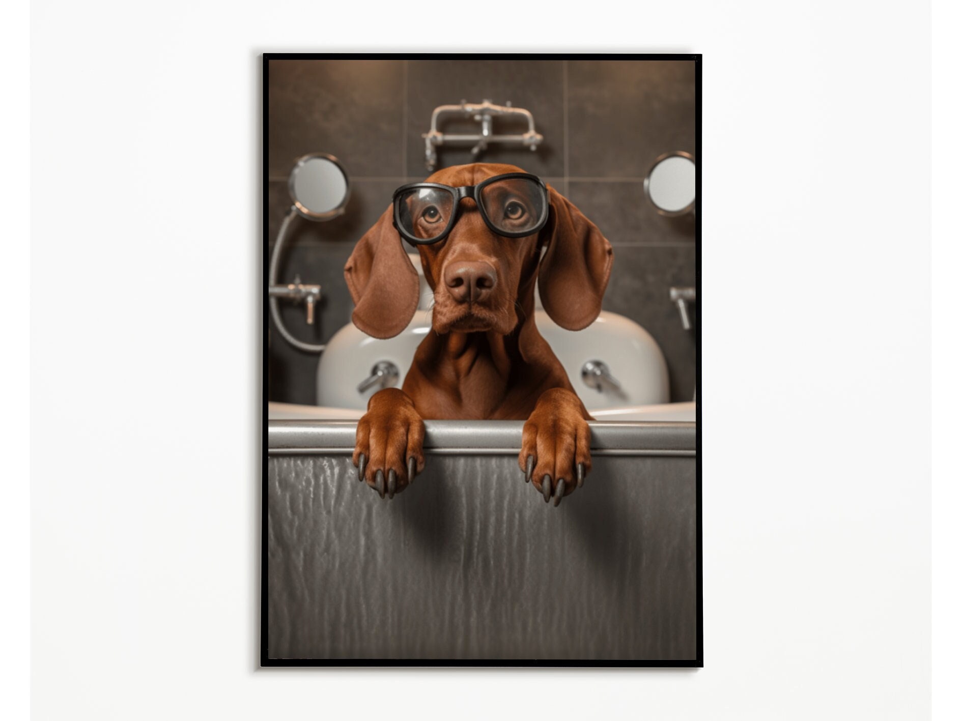 Vizsla in the bathroom, digital download, bathroom decoration, gift ideas for dog owners, funny dog picture, wall art print, Vizsla poster