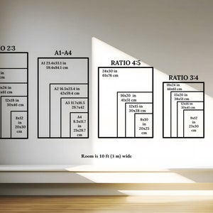 Puede incluir: Una pared blanca con un gr&aacute;fico que muestra diferentes tama&ntilde;os y proporciones de papel, incluyendo 2:3, 4:5, 3:4 y 11x14. El gr&aacute;fico incluye medidas en pulgadas y cent&iacute;metros. El texto en la parte inferior del gr&aacute;fico dice "La habitaci&oacute;n tiene 10 pies (3 m) de ancho".