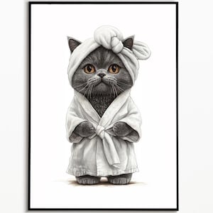 British Shorthair en el inodoro, imágenes de baño, ideas de regalos para gatos, imagen divertida de gato, póster de gato para baño, impresiones artísticas para pared