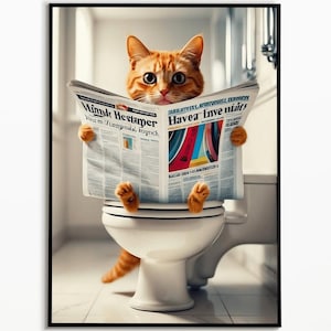 Cat sitting on the toilet reading newspaper, bathroom pictures, cat gift ideas, funny cat picture, cat poster bathroom, wall art print