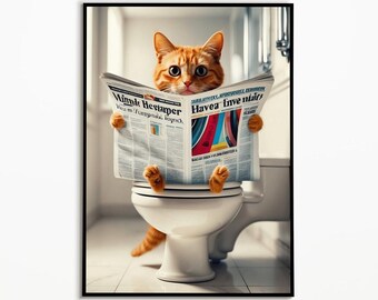 Cat sitting on the toilet reading newspaper, bathroom pictures, cat gift ideas, funny cat picture, cat poster bathroom, wall art print