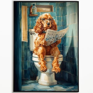 Cocker Spaniel on the toilet, bathroom pictures, digital download, spaniel gift, funny dog picture, wall art, watercolor picture
