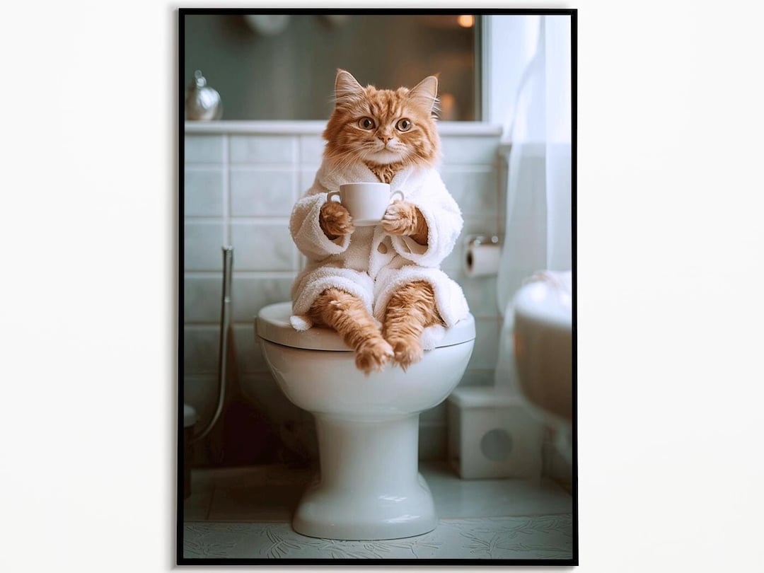 Kijkende kat met krant op het toilet