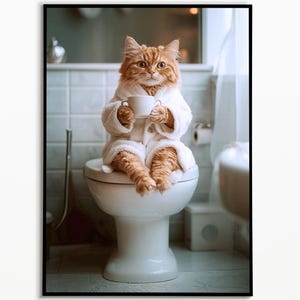 Gato sentado en el inodoro tomando café, imágenes de baño, ideas de regalos para gatos, imagen divertida de gato, baño con póster de gato, impresión de arte de pared