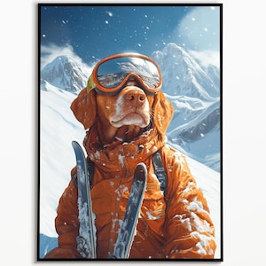 Vizsla am Skifahren in den Bergen, lustiges Hundebild, Wanddeko Ideen, Geschenk für Hundebesitzer, Funny Dog Picture, Wandkunst Vizsla