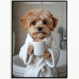 Cavapoo on toilet drinking coffee, bathroom picture, digital download, dog gift ideas, funny dog picture, bathroom furnishing ideas