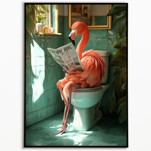 Flamenco en el baño y leyendo el periódico, imágenes del baño, descarga digital, imagen de idea de regalo, imagen de animal divertida, impresiones de arte de pared