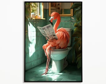 Flamingo on the toilet and reading newspaper, Bathroom Pictures, Digital Download, Gift Idea Picture, Funny Animal Picture, Wall Art Prints