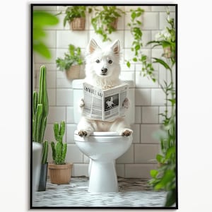 Weisser Schäferhund auf der Toilette und liest Zeitung, Badezimmer Bilder, Badezimmer Deko, Schäferhund Geschenk, Funny Dog Picture