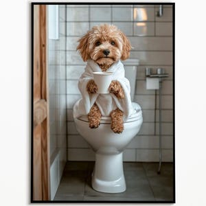Cavapoo on toilet drinking coffee, bathroom picture, digital download, dog gift ideas, funny dog picture, bathroom furnishing ideas