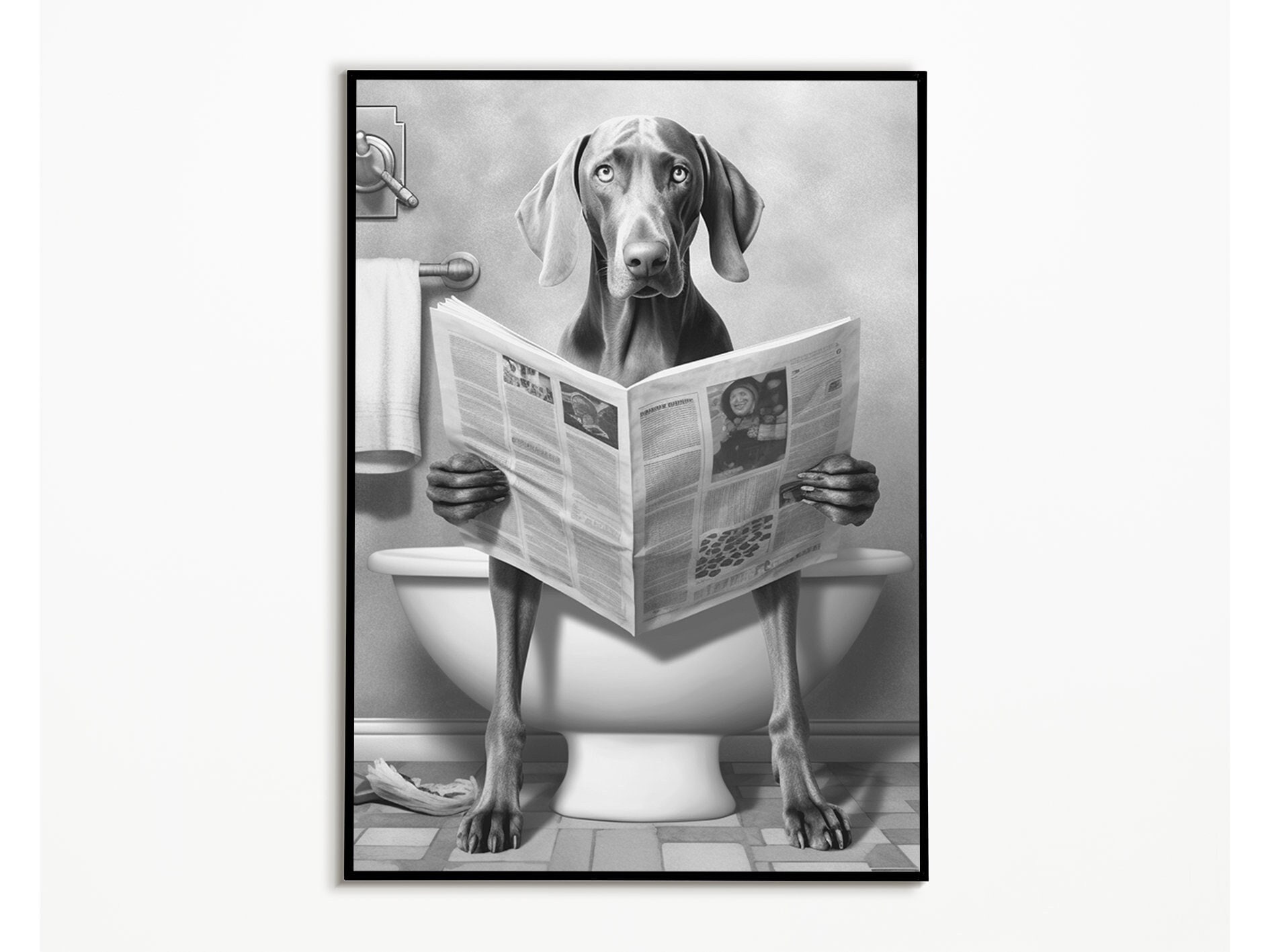 YUNBABA Divertido Perro Salchicha En El Inodoro, Lectura De Periódico, Arte De Pared, Decoración De Baño, Impresiones En Lienzo De Perro Salchicha Para Baño, Impresiones Artísticas Para Baño, 16 X 16