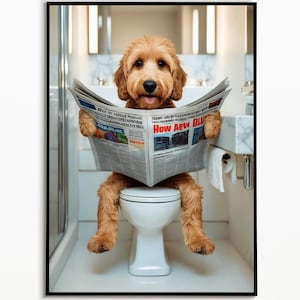 Goldendoodle on toilet, bathroom picture, digital download, Goldendoodle gift, funny picture, bathroom furnishing ideas, wall art