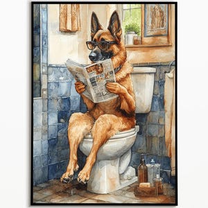 German Shepherd on the toilet and reading newspaper, watercolor dog picture, bathroom decoration, German Shepherd gift, funny dog picture