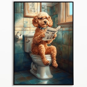 Goldendoodle on toilet, bathroom picture, digital download, Goldendoodle gift, bathroom furnishing ideas, watercolor picture dog
