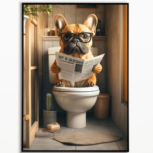 French Bulldog on the toilet, bathroom ideas pictures, funny dog picture, furnishing ideas bathroom poster, gift idea dog owner