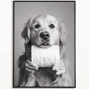 Golden Retriever hält eine Toilettenpapier Rolle, Badezimmer Bilder, Badezimmer Deko, Haustier Geschenkideen, Funny Dog Picture, Pets Gifts