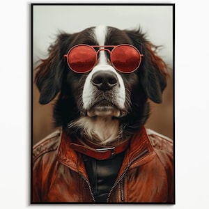 Bernese Mountain Dog with leather jacket and glasses, living room poster, Bernese Mountain Dog gift ideas, funny dog picture, gift dog owner