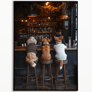Hunde sitzen an der Bar, Lustiges Bar Bild, Digitaler Download, Geschenkideen Hundebesitzer, Lustiges Hundebild, Wall Art Prints Poster
