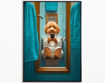 May include: A brown and white dog wearing a white bathrobe sits on a white toilet in a bathroom with blue walls and a mirror. The dog is holding a smartphone in its paws and looking at the camera.