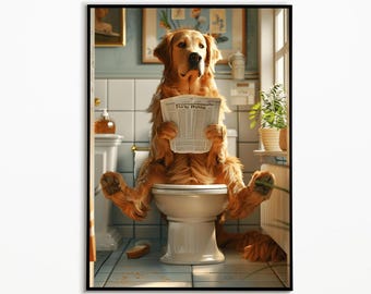 Puede incluir: Un perro golden retriever sentado en un inodoro blanco en un baño, leyendo un periódico titulado "I Can't Believe It's Not Party Time".