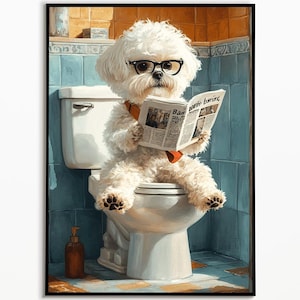 Bichon Frise on the toilet and reading newspaper, bathroom ideas pictures, funny dog picture, bathroom poster, watercolor picture dog
