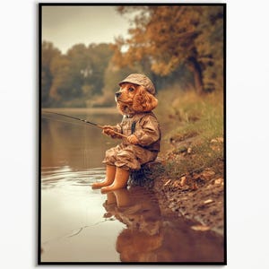 Cocker Spaniel am Fischen am See, Geschenkideen Hundebeitzer, digitaler download, Geschenk für Hundebesitzer, Funny Dog Picture, Wall Art