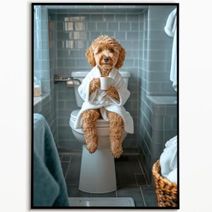 Goldendoodle on toilet drinking coffee, bathroom picture, digital download, Goldendoodle gift, Funny Dog Picture, Bathroom Decor