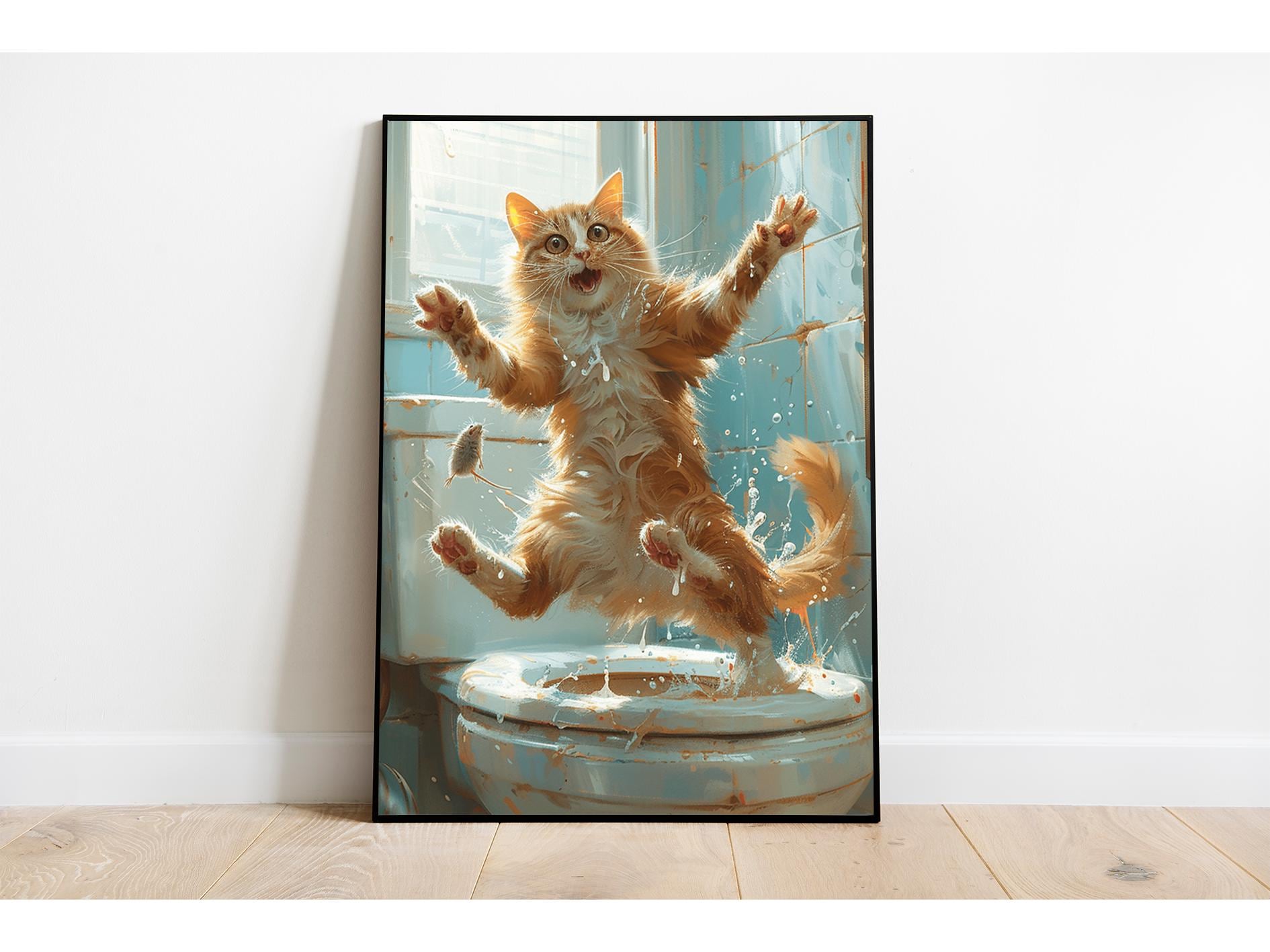 Set 4 Quadri Gatto Divertente In Vasca - Decorazione Bagno Umoristica 20x25 Cm Senza Cornice