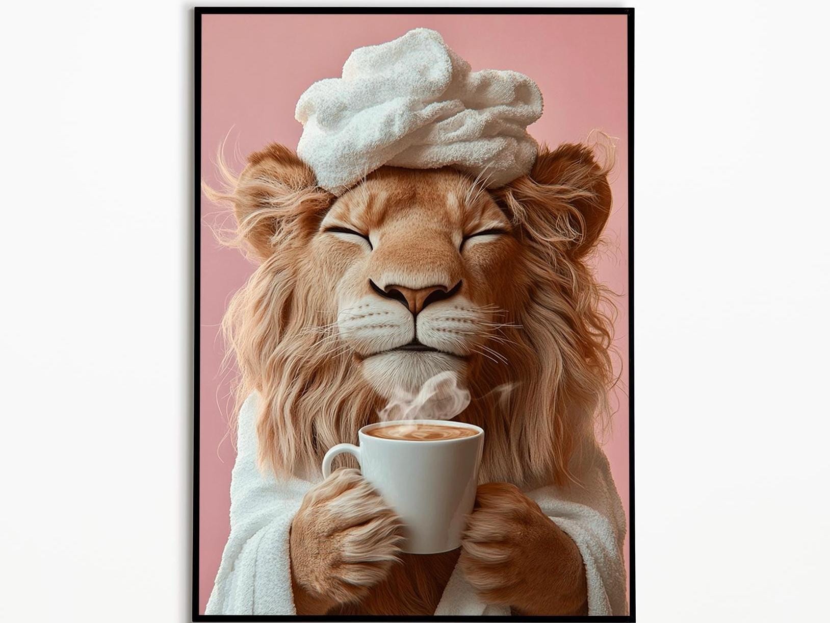 Lion Drinking Coffee, Bathroom Pictures, Funny Animal Picture