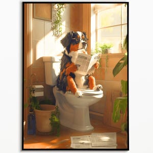 Berner Sennenhund sitzt auf der Toilette und liest Zeitung, Badezimmer Bilder, Badezimmer Deko, Berner Sennenhund Geschenk,Funny Dog Picture