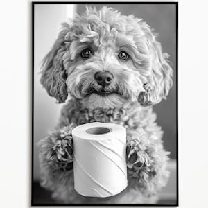 Goldendoodle holding a toilet paper roll, Digital Download, Bathroom Decoration, Pet Gift Ideas, Funny Animal Picture, Bathroom Wall Art