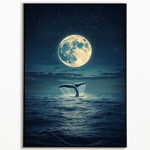 Wal Wandkunst, druckbare Wandkunst, Ozean Bild Flosse mit Mond, Tierkunst, Ozean Kunstwand, Meeresleben Bild,Wal Poster, Naturgewalten