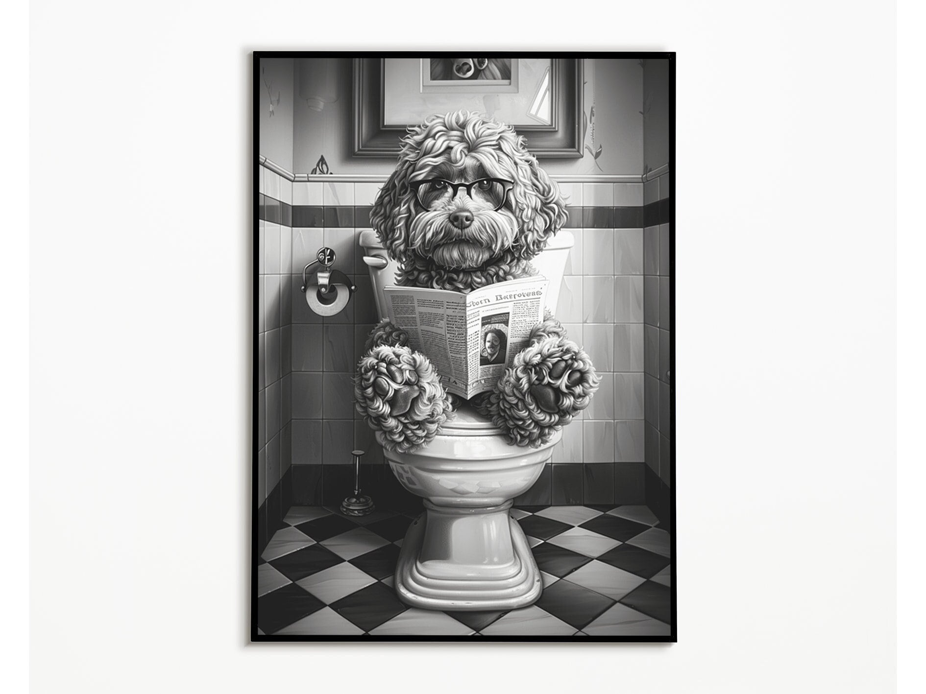 Cockapoo on the toilet and reading newspaper, bathroom ideas pictures, funny dog picture, furnishing ideas bathroom poster, wall decoration picture