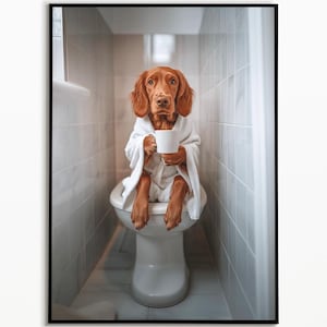 Irish Red Setter on toilet drinking coffee, bathroom picture, digital download, Irish Red Setter gift, funny dog picture in the bathroom