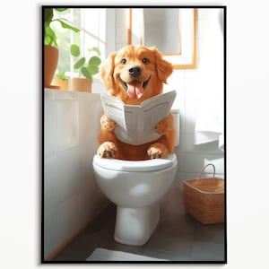 Golden Retriever auf der Toilette und liest Zeitung, Badezimmer Bilder, Badezimmer Deko, Haustier Geschenk, Funny Dog Picture, Pets Gifts