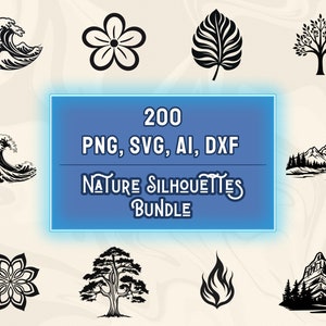 以下が含まれることがあります： PNG、SVG、AI、DXF 形式の 200 個の白黒の自然シルエットイラストのセット。イラストには、波、花、葉、木、山などがあります。