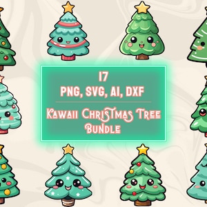 Kawaii christmas tree clipart, PNG SVG bundle, 20 cute Kawaii png design, christmas tree cut file, Kawaii xmas tree vector, png file