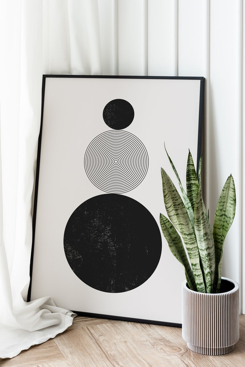 Peut inclure: Impression g&eacute;om&eacute;trique noir et blanc dans un cadre noir avec une plante serpent verte dans un pot blanc.