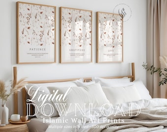 Digital Download Islamic Wall Art, Set of 3 Floral Design, Arabic Calligraphy Posters, Muslim Art Printable, Bedroom, Livingroom D80