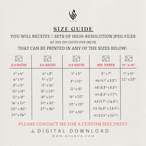Peut inclure: Un guide des tailles pour l'art num&eacute;rique imprimable, montrant diff&eacute;rents rapports d'aspect et des formats de papier standard. Le guide indique que vous recevrez 5 ensembles de fichiers JPEG haute r&eacute;solution &agrave; 300 DPI, qui peuvent &ecirc;tre imprim&eacute;s dans l'une des tailles r&eacute;pertori&eacute;es. Les tailles sont indiqu&eacute;es en pouces.