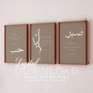 Islamic Wall Art, Digital Download, Set of 3 Earthy Brown Sabr Shukr And Hubb Arabic Calligraphy Islamic Wall Art Print, Muslim Art, D127