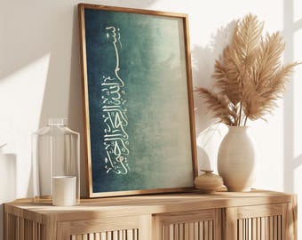 Islamic Wall Art, Digital Download, Washed Green Bismillah Prints, Arabic Calligraphy, Islamic Print, Muslim Home Gallery, Renovation D122