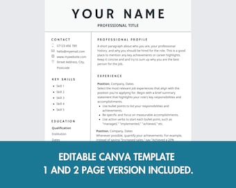 Customisable CV Resume Canva Template Minimal Modern Clean